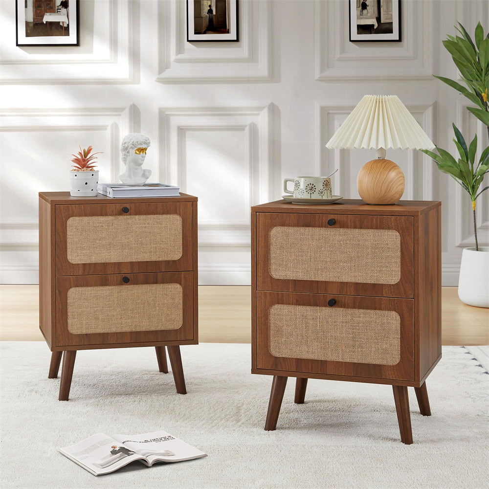 Two wooden nightstands with woven texture in a room setting.