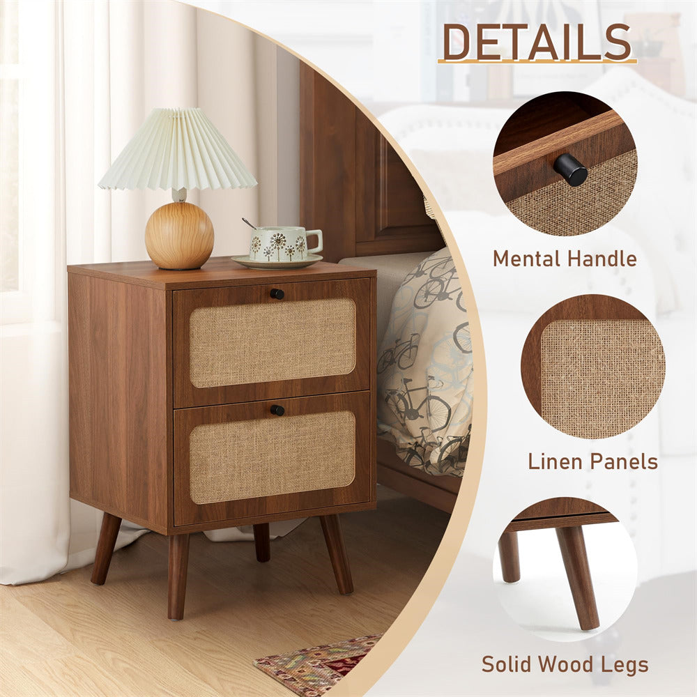 Wooden nightstand with linen panels and solid wood legs, shown in a bedroom setting.