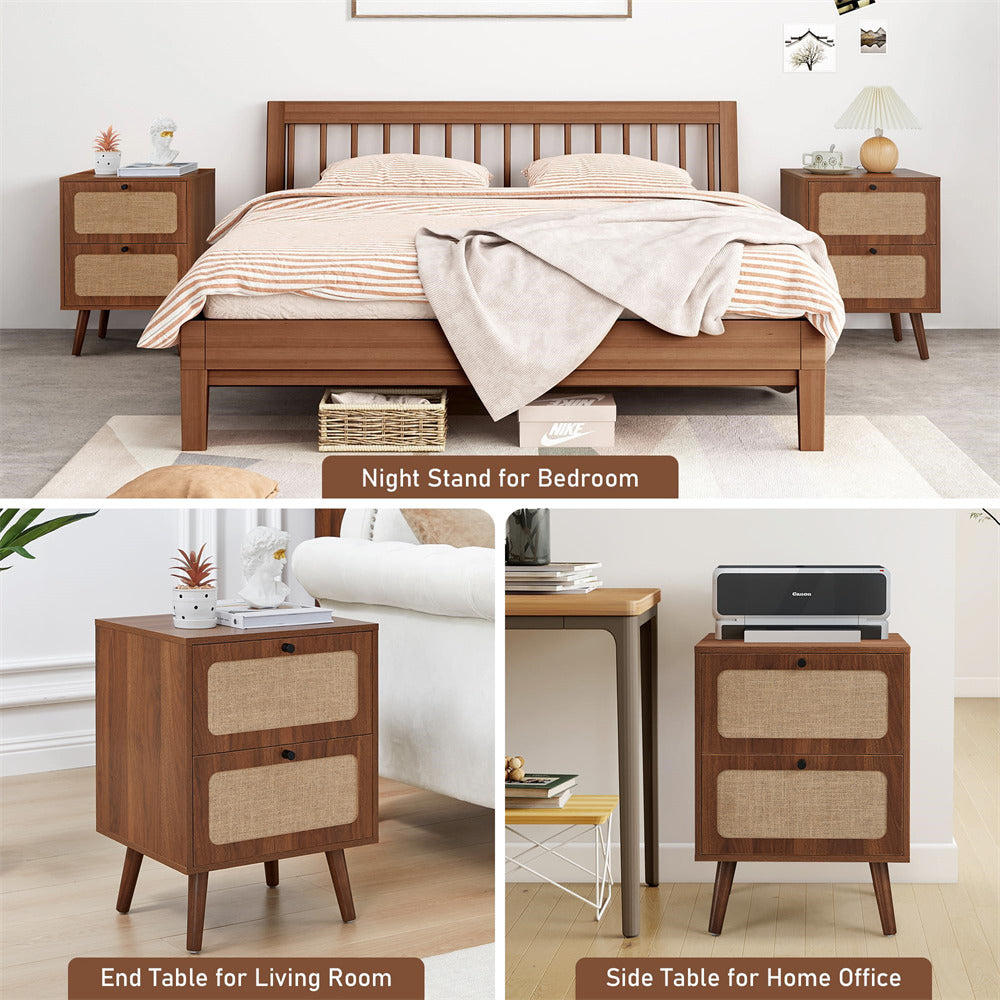 Wooden furniture set including a bed, nightstands, and side tables in a room setting.