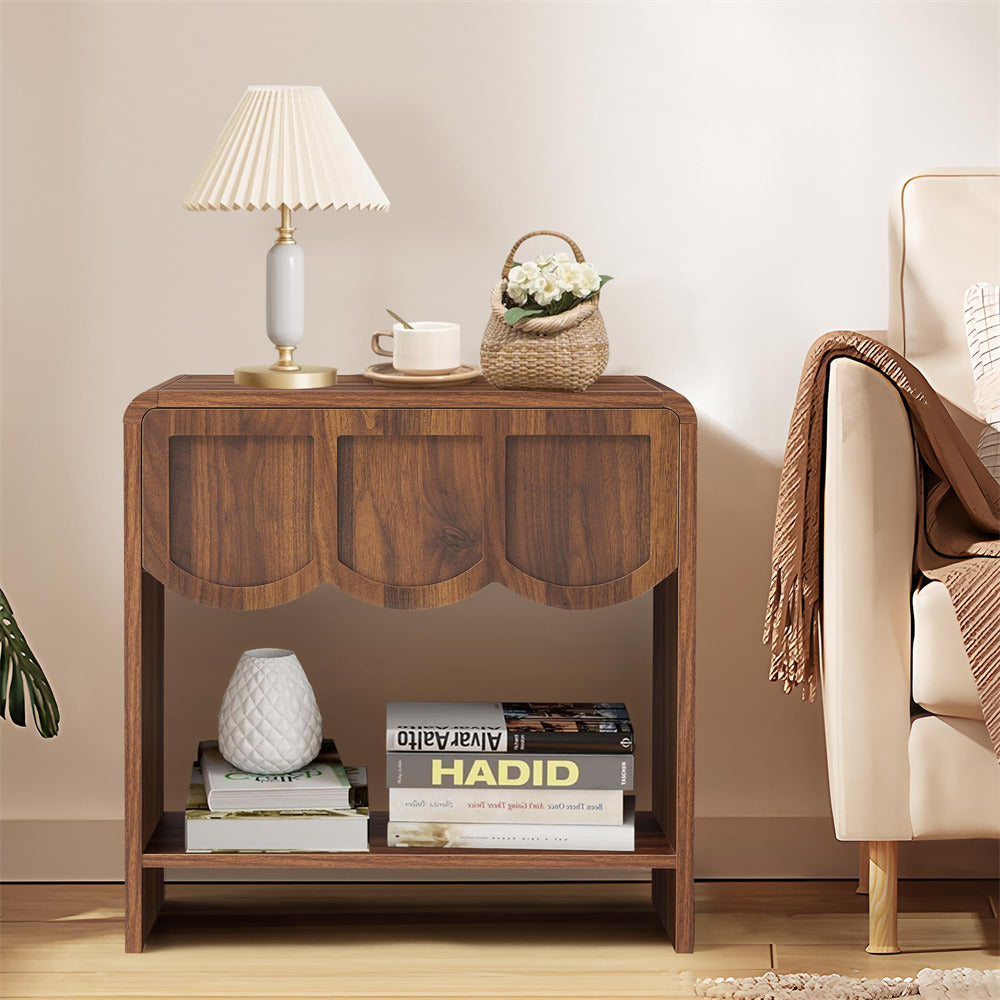 Walnut Mid Century Modern Farmhouse Wood Nightstand with Wave Panel Drawer
