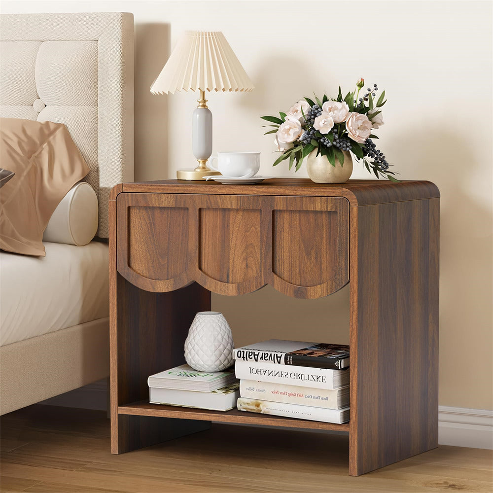 Walnut Mid Century Modern Farmhouse Wood Nightstand with Wave Panel Drawer