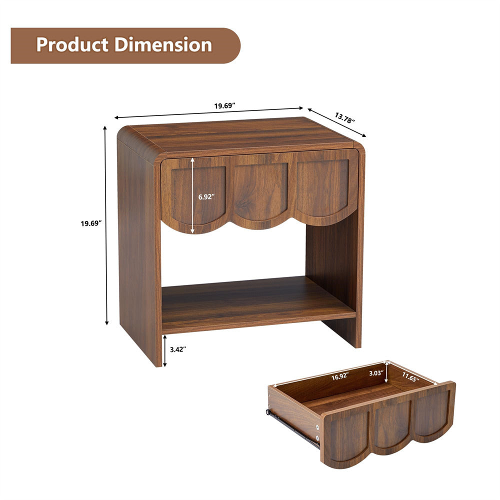 Walnut Mid Century Modern Farmhouse Wood Nightstand with Wave Panel Drawer
