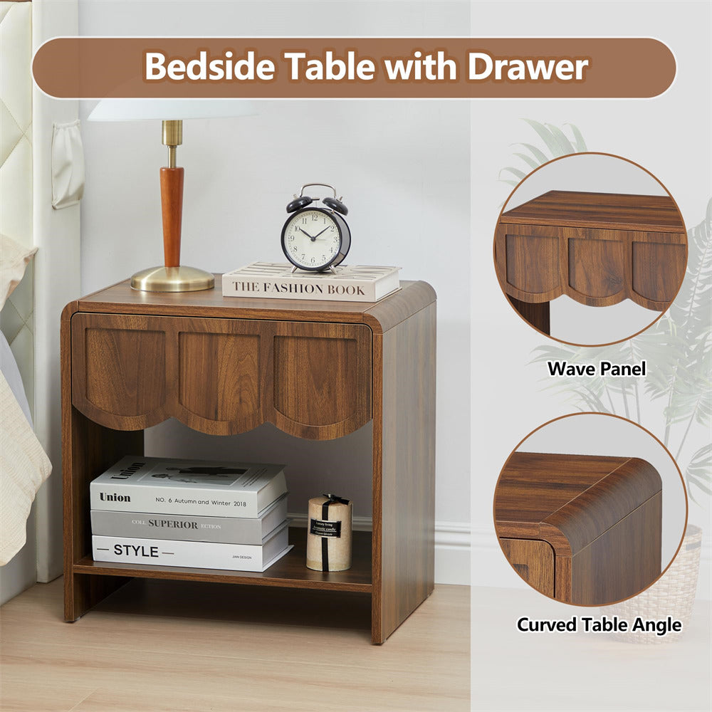 Walnut Mid Century Modern Farmhouse Wood Nightstand with Wave Panel Drawer