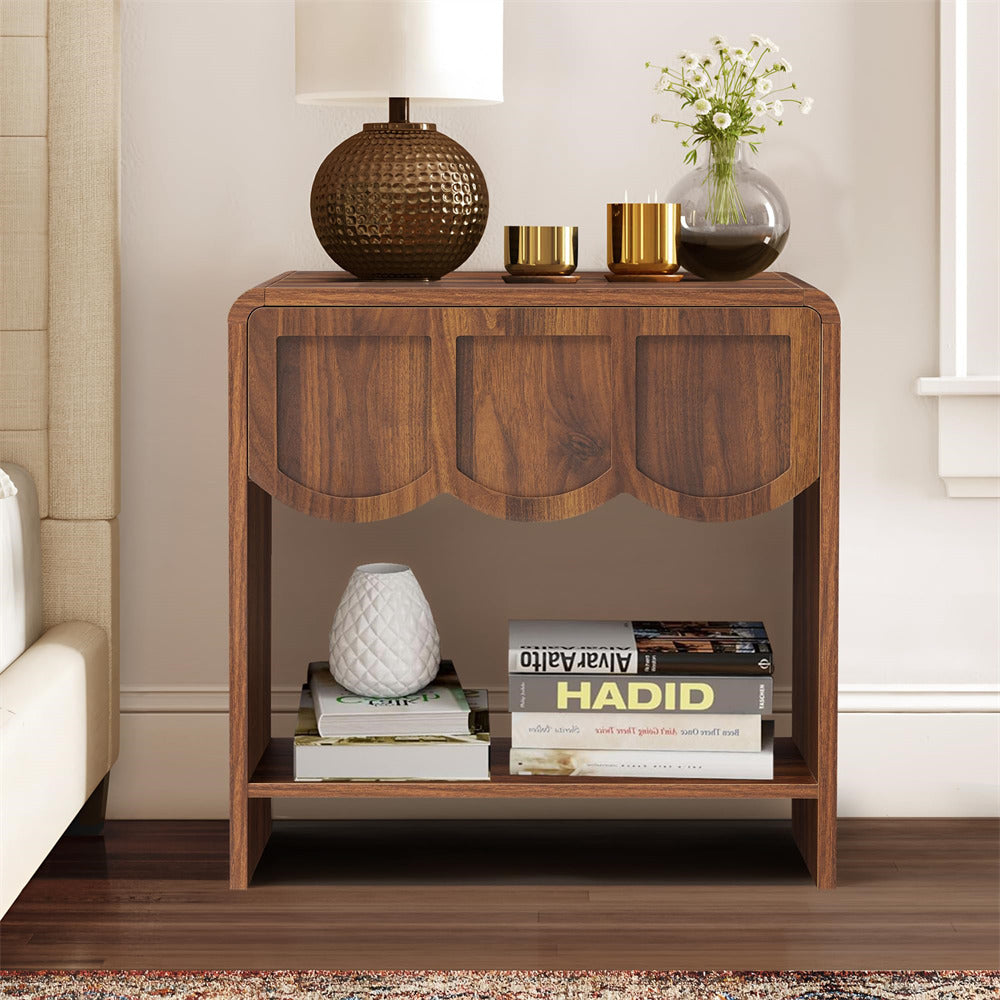 Walnut Mid Century Modern Farmhouse Wood Nightstand with Wave Panel Drawer
