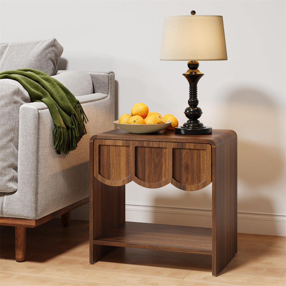 Walnut Mid Century Modern Farmhouse Wood Nightstand with Wave Panel Drawer