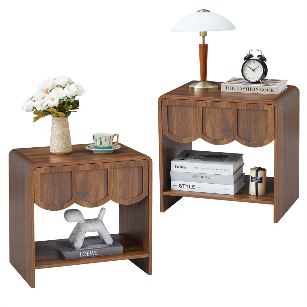 Walnut Mid Century Modern Farmhouse Wood Nightstand with Wave Panel Drawer