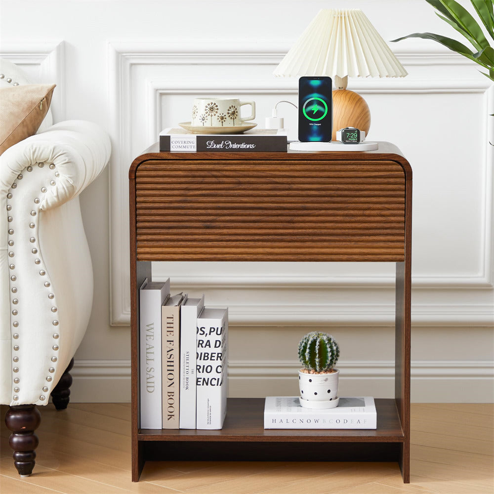 Wooden side table with decorative items in a home setting