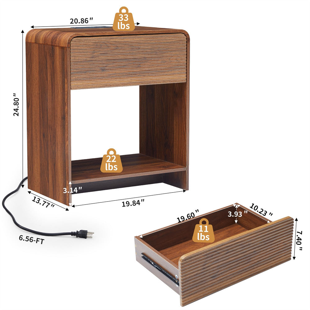Wooden side table with dimensions and weight indicators on a white background