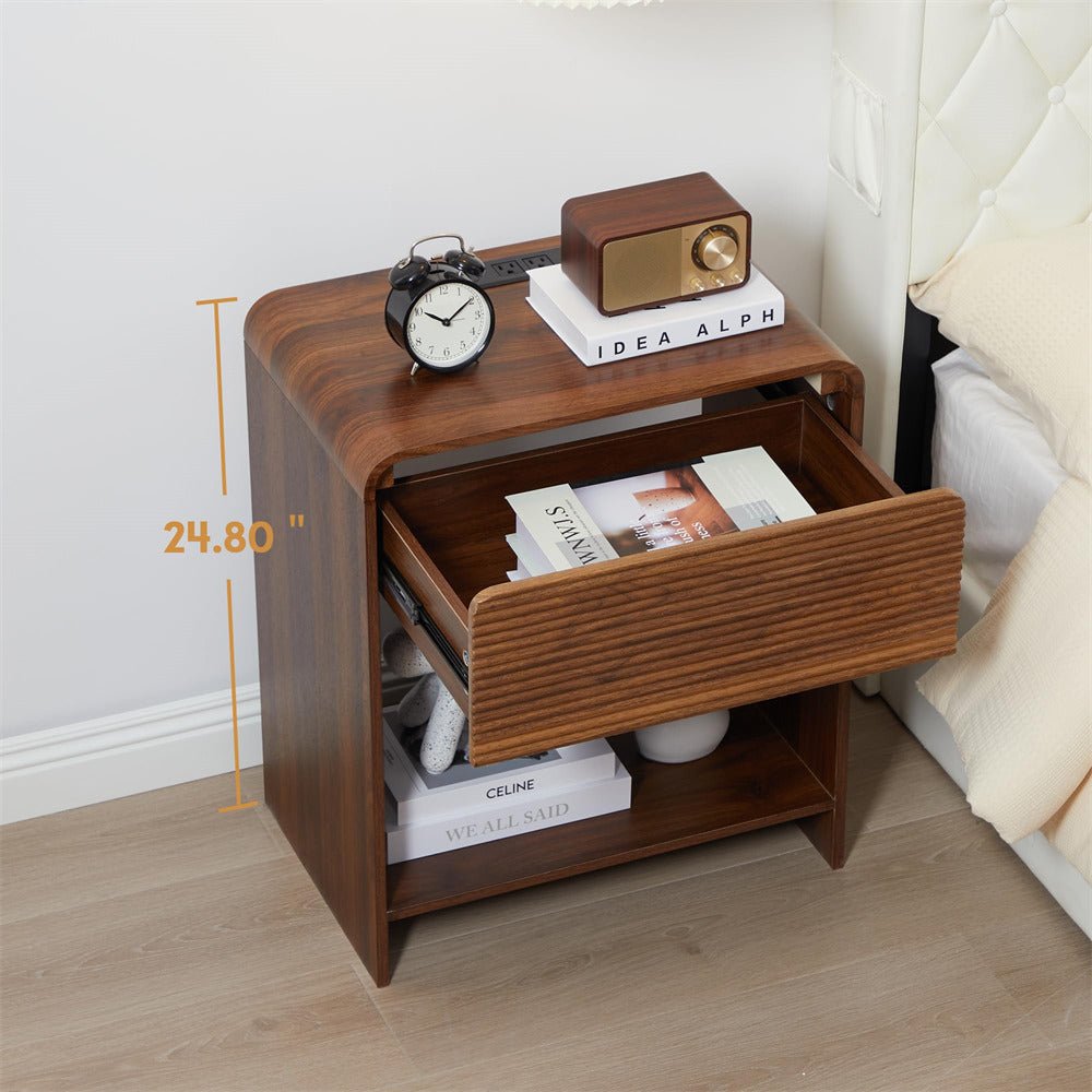 Wooden nightstand with open drawer, books, and a clock, with dimensions indicated.