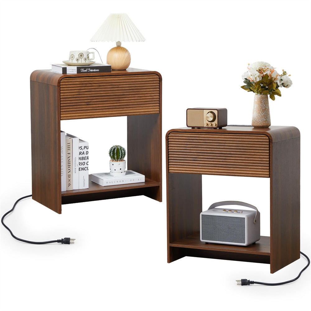 Two wooden side tables with electronic devices on a white background