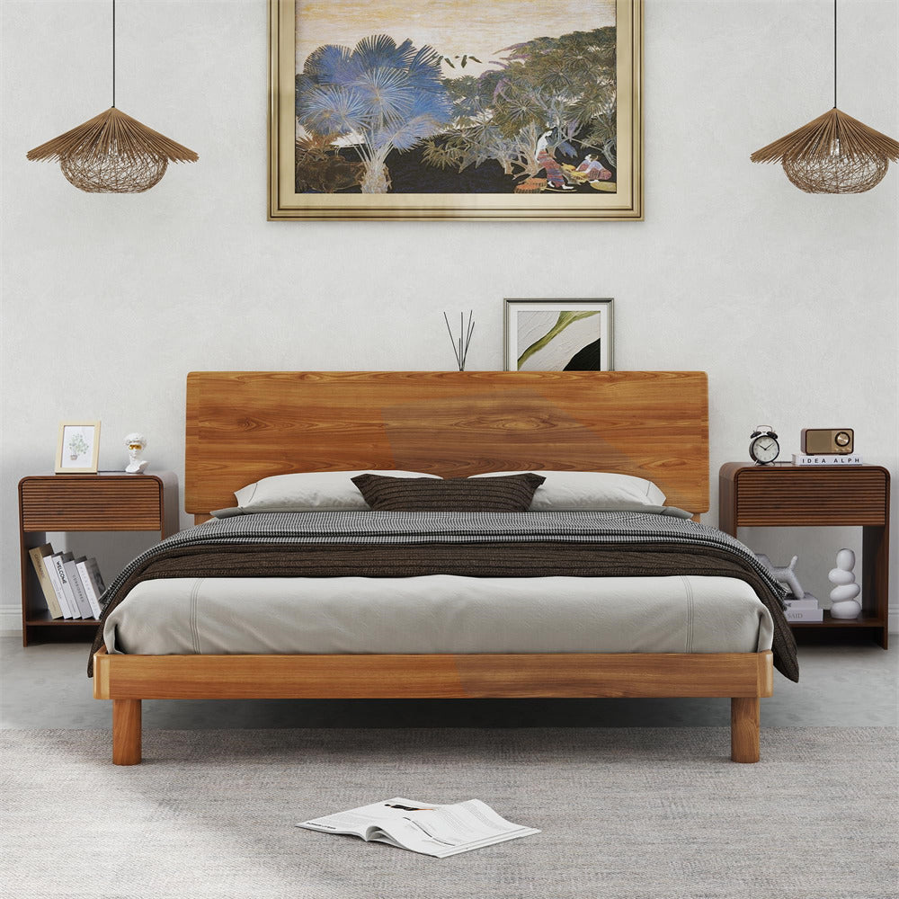 Wooden bed in a bedroom with decor elements