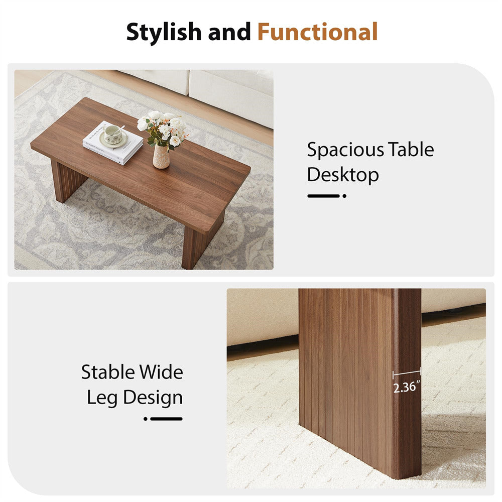 Wooden table with text highlighting 'Stylish and Functional', 'Spacious Table Desktop', and 'Stable Wide Leg Design'.