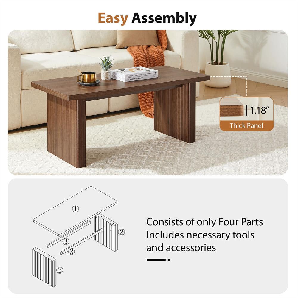 Wooden coffee table in a living room setting with assembly instructions and thick panel detail.