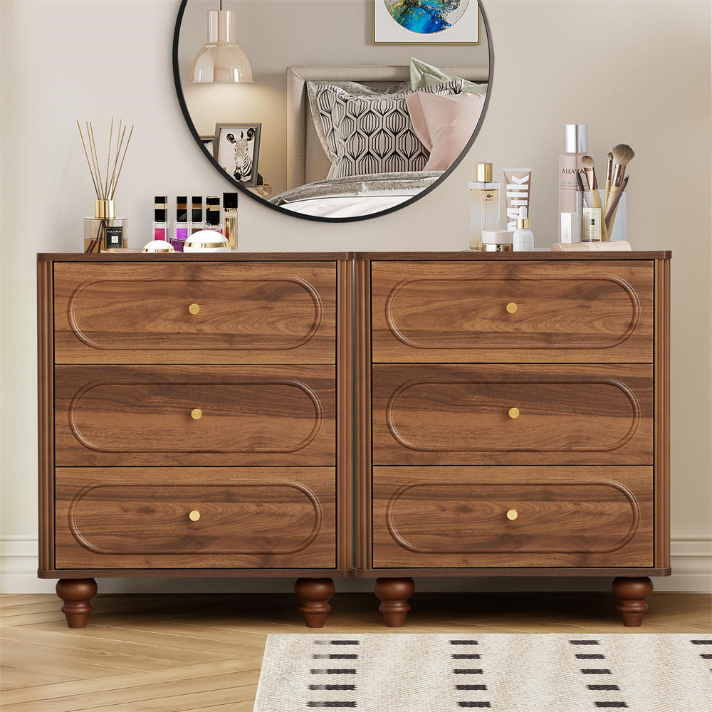Walnut Mid Century Modern Wood Chest of Drawers 3 Drawer Fluted Dresser