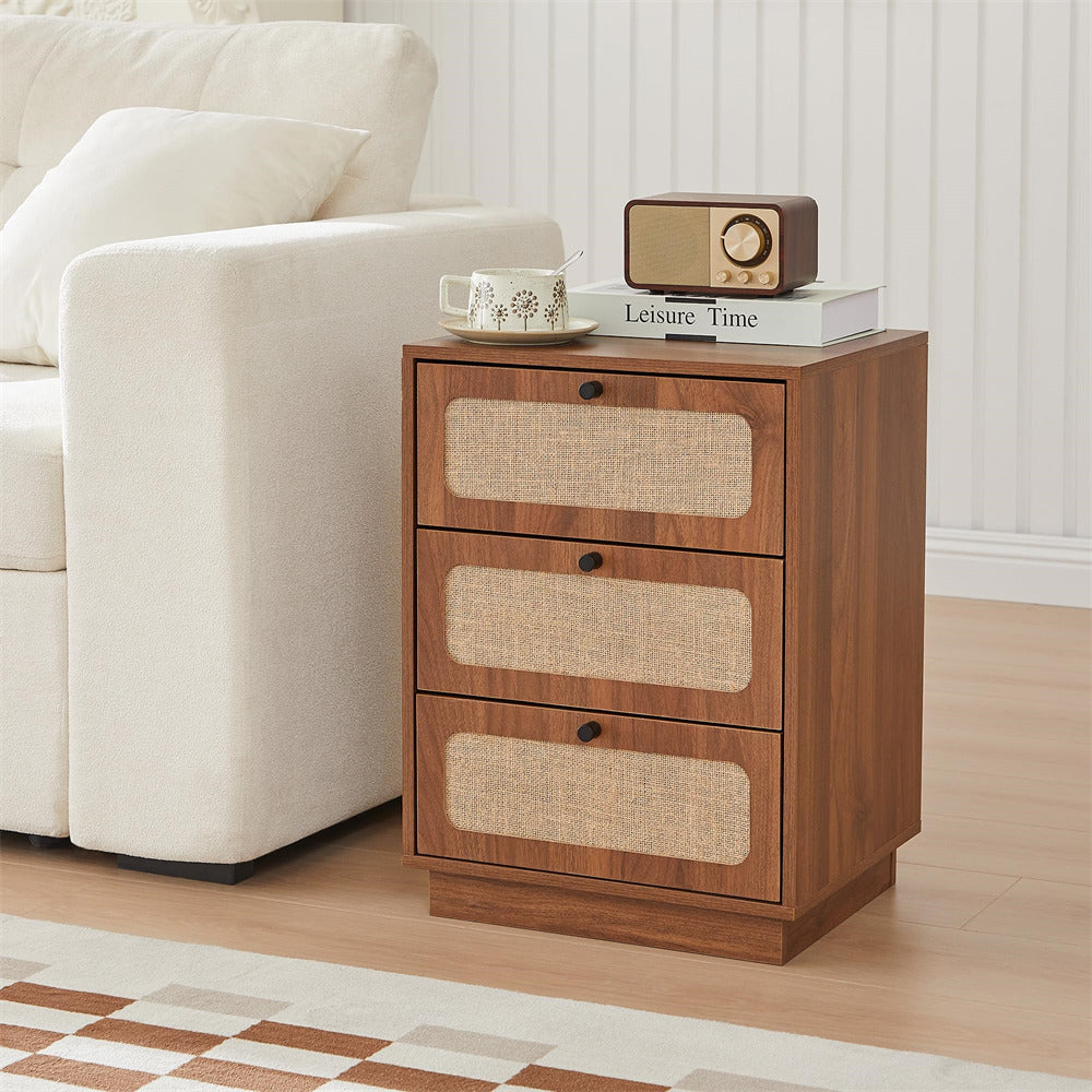 Walnut Mid Century Modern Wood Rustic Nightstand Side Table with Linen Drawers & 3 Drawers