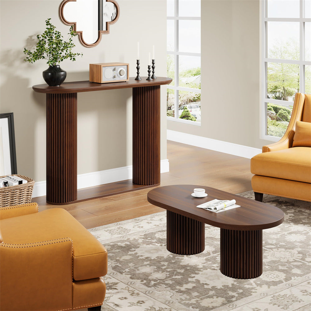 Walnut Mid Century Oval Fluted Entryway Console Table with Storage Shelf