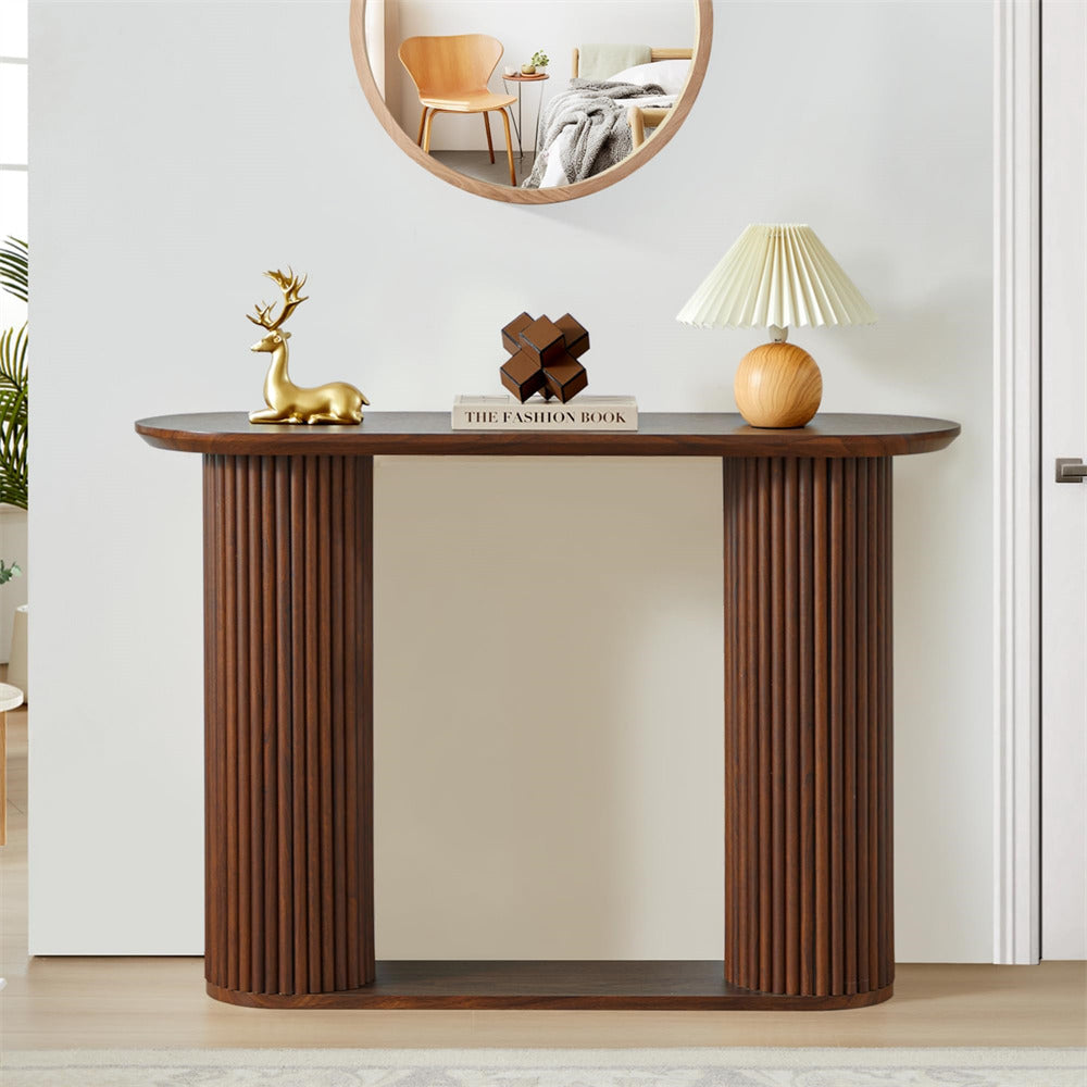 Walnut Mid Century Oval Fluted Entryway Console Table with Storage Shelf