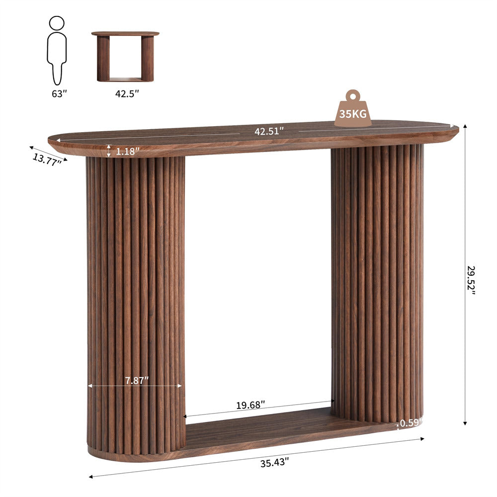 Walnut Mid Century Oval Fluted Entryway Console Table with Storage Shelf