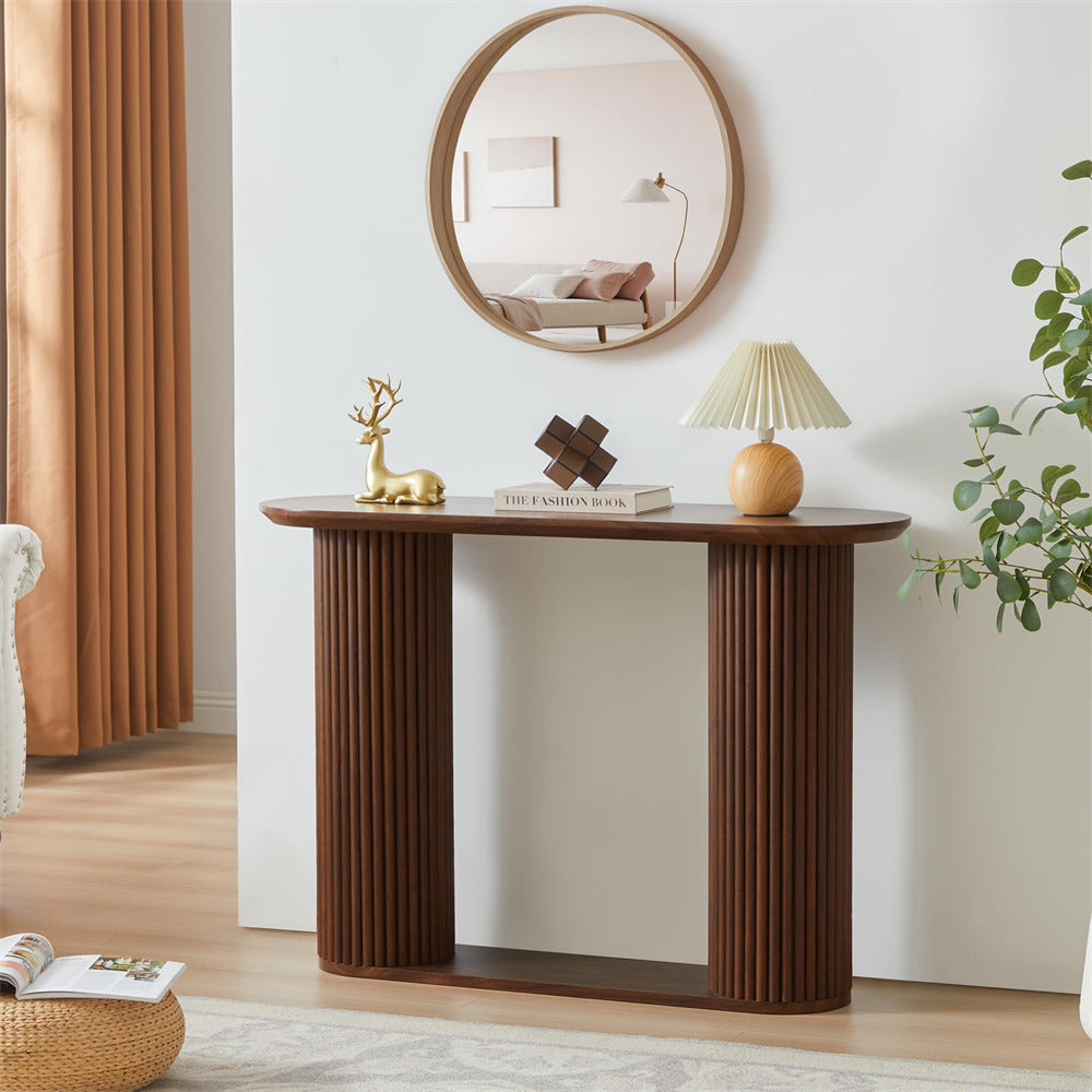 Walnut Mid Century Oval Fluted Entryway Console Table with Storage Shelf