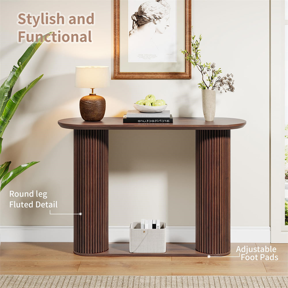 Walnut Mid Century Oval Fluted Entryway Console Table with Storage Shelf