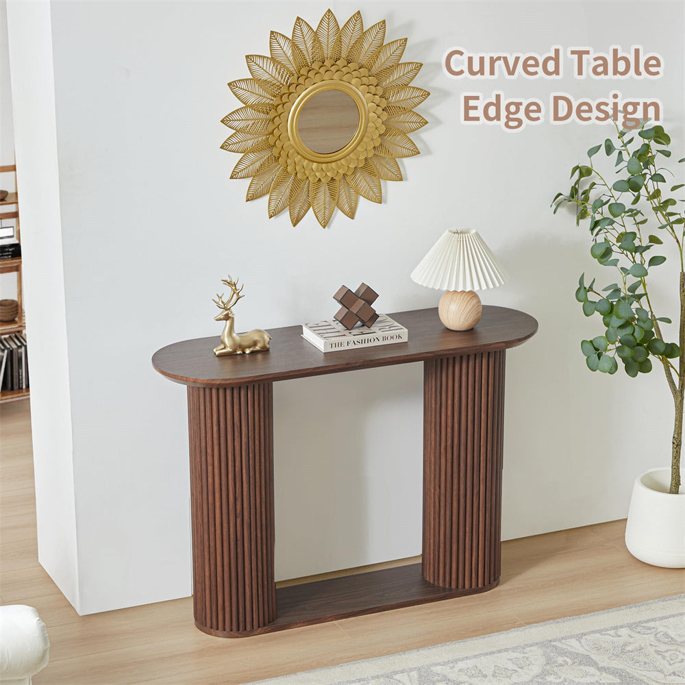 Walnut Mid Century Oval Fluted Entryway Console Table with Storage Shelf