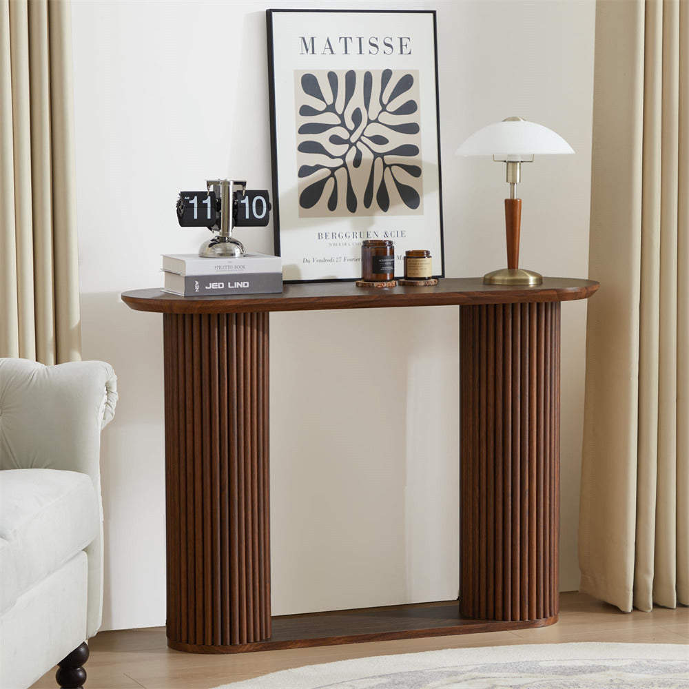 Walnut Mid Century Oval Fluted Entryway Console Table with Storage Shelf