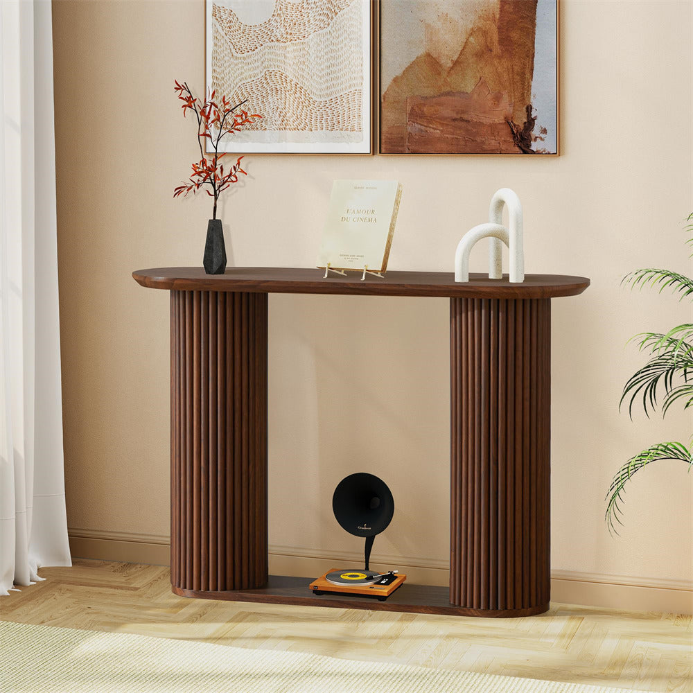 Walnut Mid Century Oval Fluted Entryway Console Table with Storage Shelf