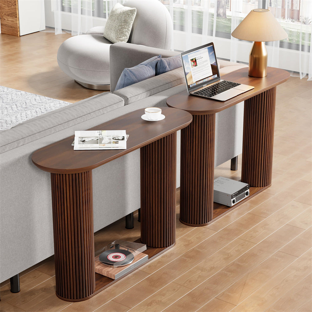 Walnut Mid Century Oval Fluted Entryway Console Table with Storage Shelf