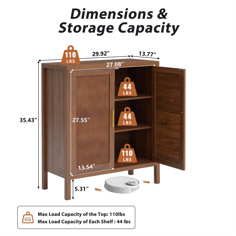 Walnut Mid Century Rattan Sideboard Storage Cabinet with 2 Doors and 2 Shelves
