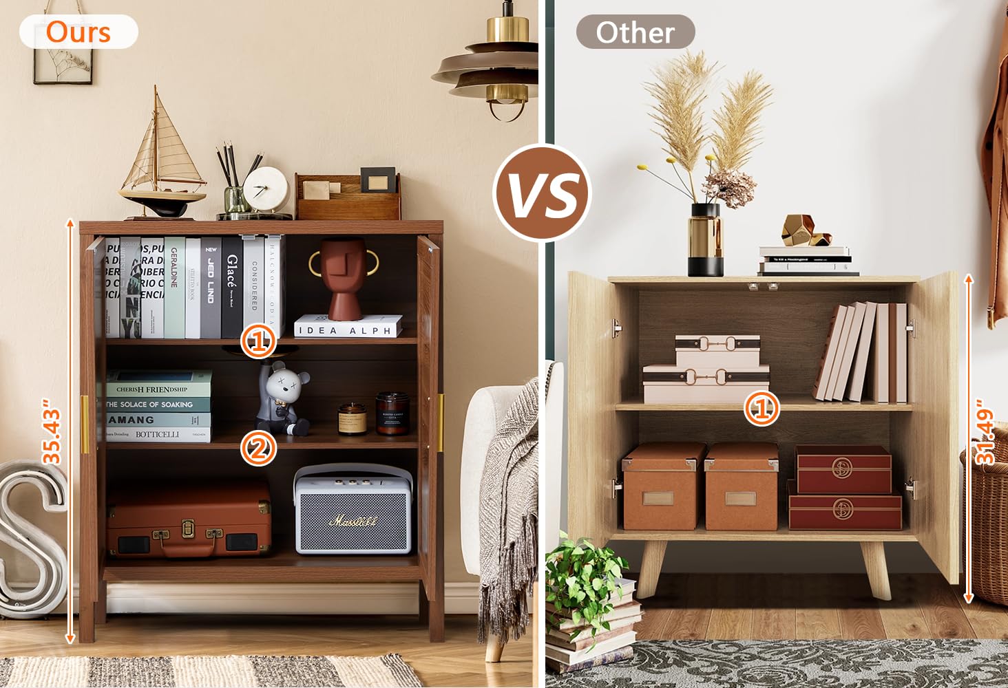 Walnut Mid Century Rattan Sideboard Storage Cabinet with 2 Doors and 2 Shelves