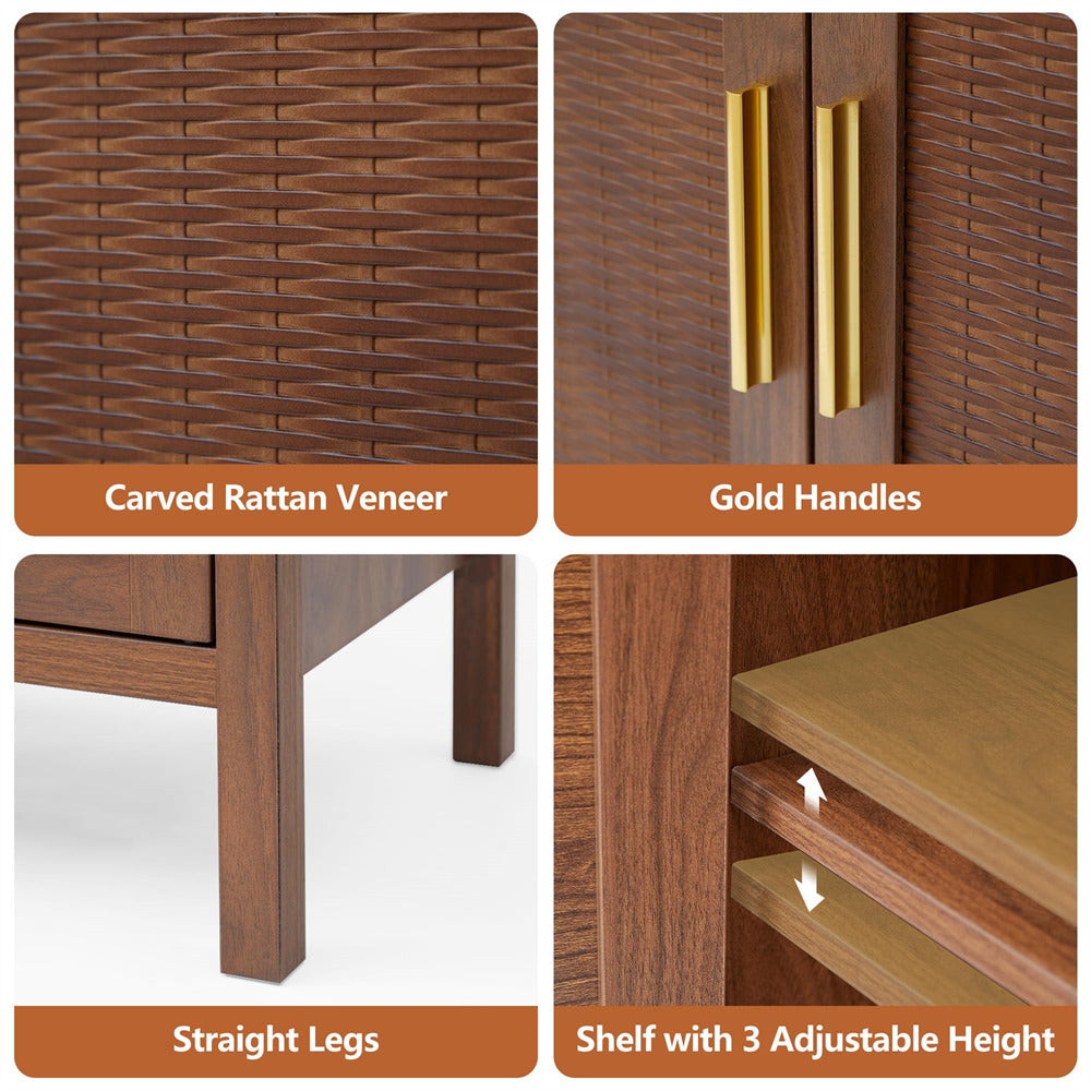 Walnut Mid Century Rattan Sideboard Storage Cabinet with 2 Doors and 2 Shelves