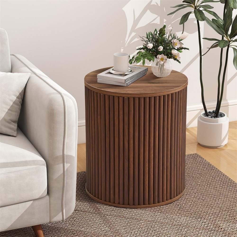 Walnut Mid Century Wood Small Fluted Round Side Table with Storage