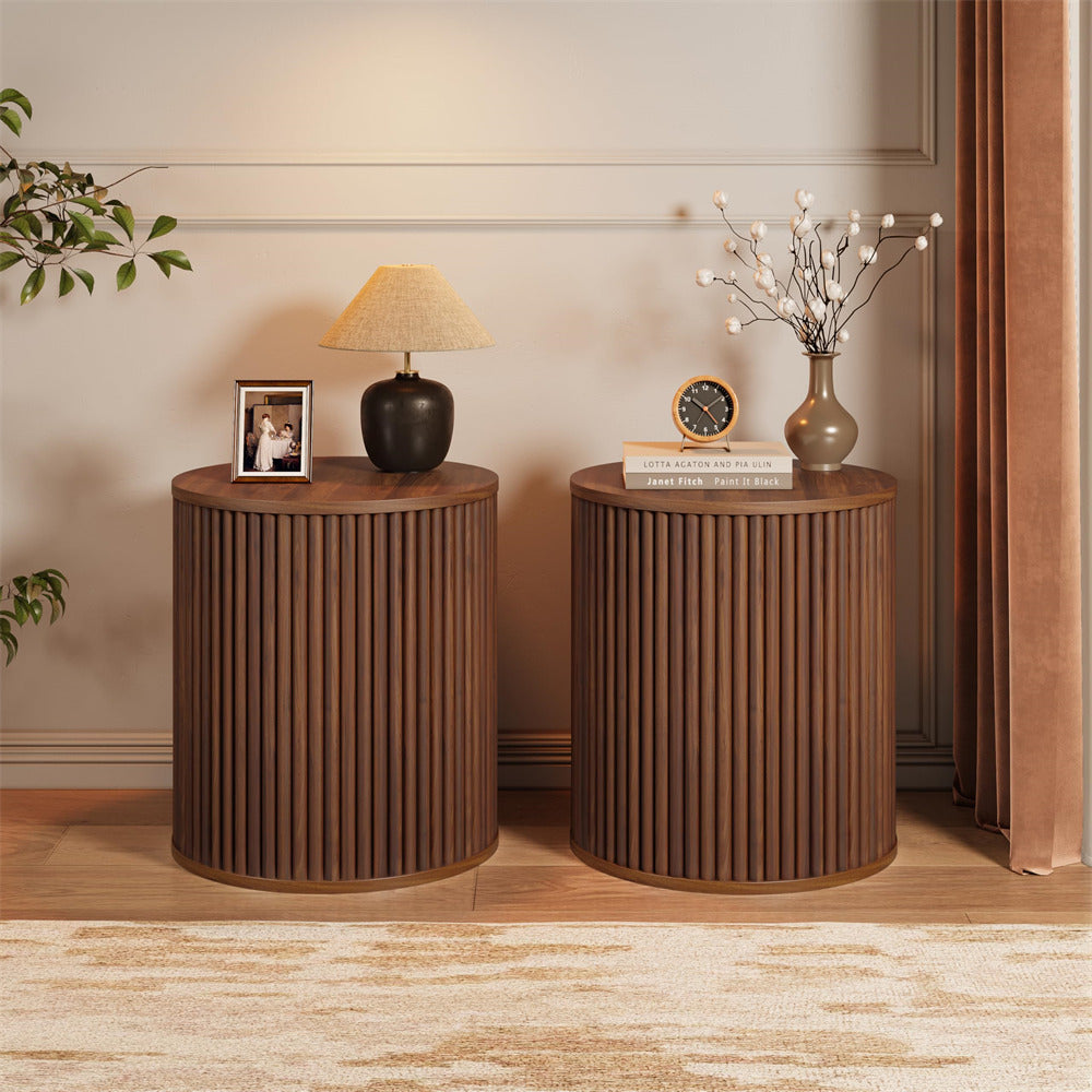 Walnut Mid Century Wood Small Fluted Round Side Table with Storage