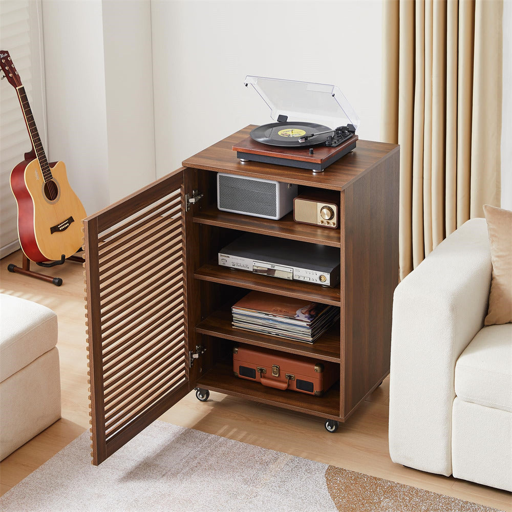 Wooden entertainment console with open door in a living room setting