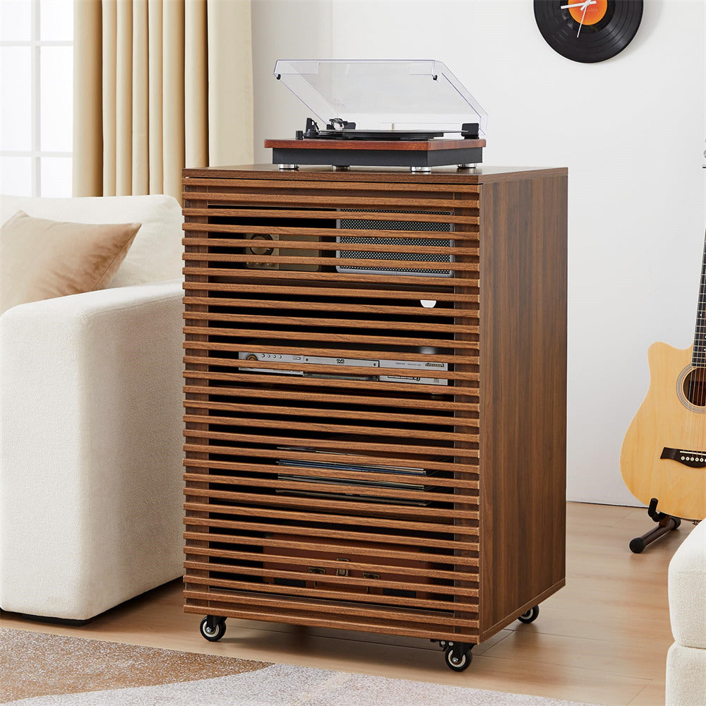 Walnut Modern 5-Tier Media Cabinet Wooden Stereo Rack with Cable Management and Wheels