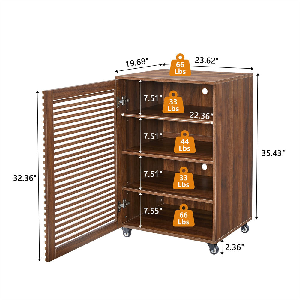 Walnut Modern 5-Tier Media Cabinet Wooden Stereo Rack with Cable Management and Wheels