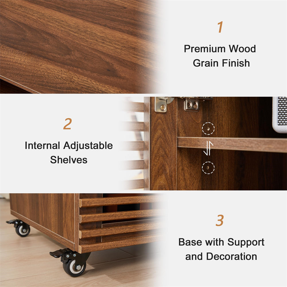 Wooden storage unit with adjustable shelves and wheels, highlighting features like wood grain finish and base support.
