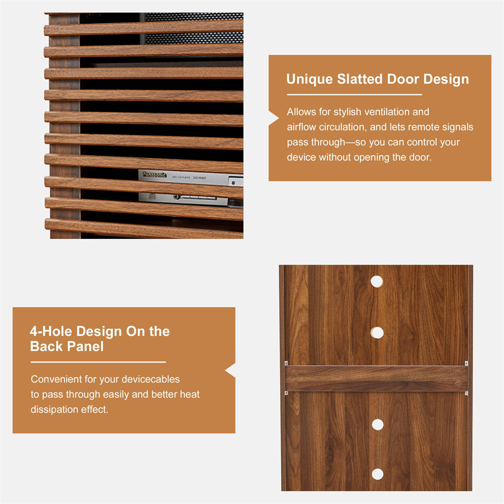 Wooden slatted door design with text on a white background