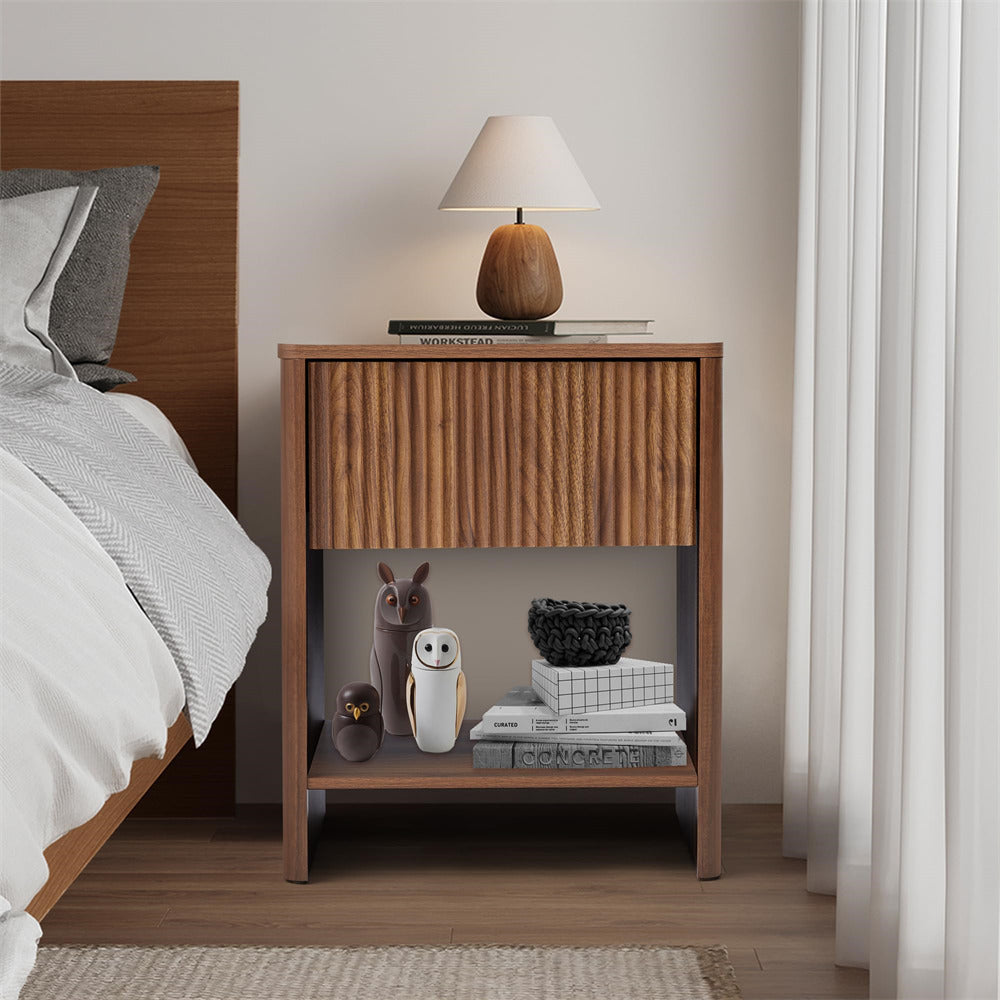 Walnut Modern Boho Wood Nightstand with Drawer and Fluted Cabinet