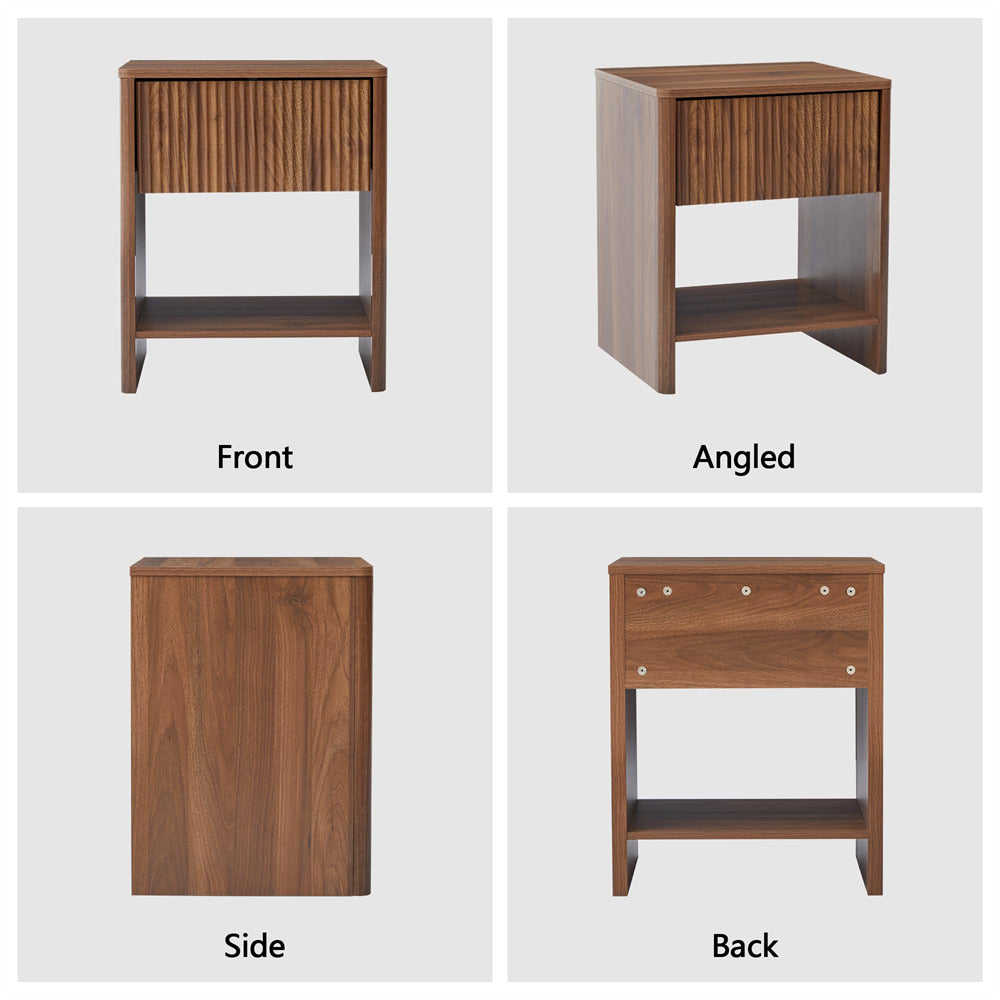 Walnut Modern Boho Wood Nightstand with Drawer and Fluted Cabinet