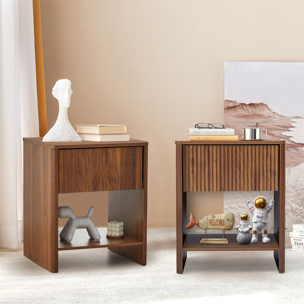 Walnut Modern Boho Wood Nightstand Set 2 with Drawer and Fluted Cabinet