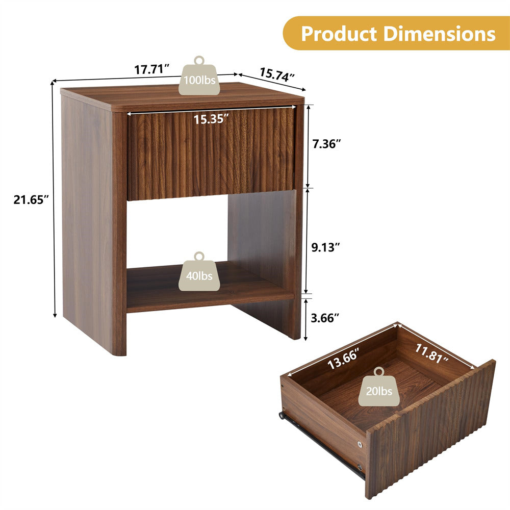 Walnut Modern Boho Wood Nightstand with Drawer and Fluted Cabinet Size