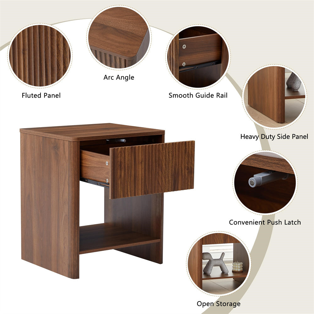 Walnut Modern Boho Wood Nightstand with Drawer and Fluted Cabinet