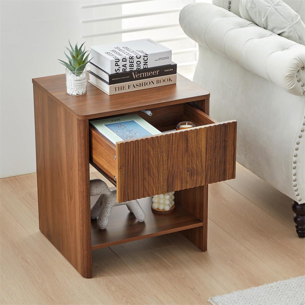 Walnut Modern Boho Wood Nightstand with Drawer and Fluted Cabinet