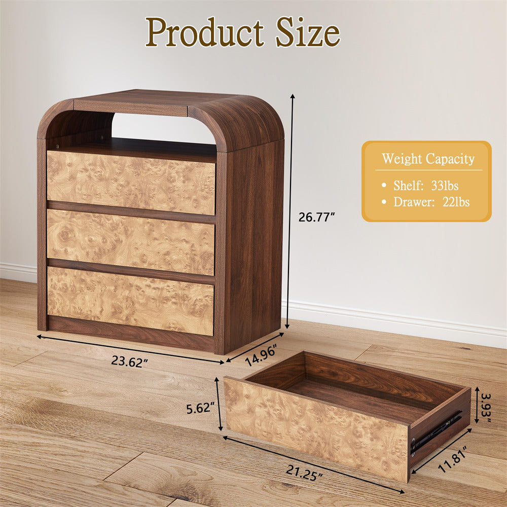 Walnut Modern Burl Wood 3 Drawer Dresser with Open Shelf