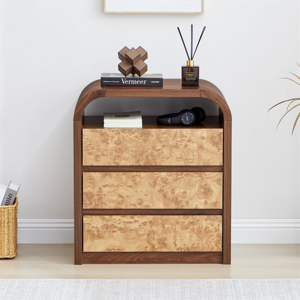Walnut Modern Burl Wood 3 Drawer Dresser with Open Shelf