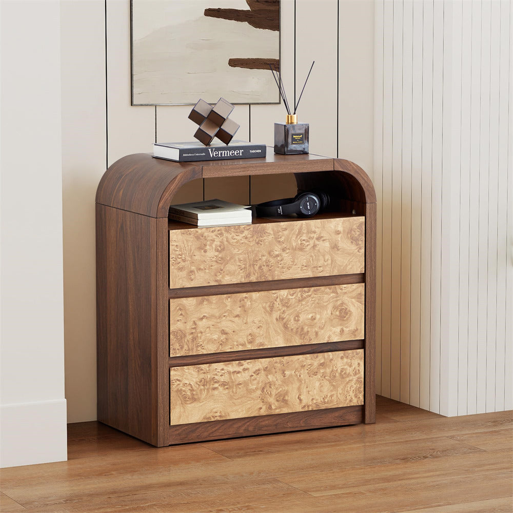 Walnut Modern Burl Wood 3 Drawer Dresser with Open Shelf