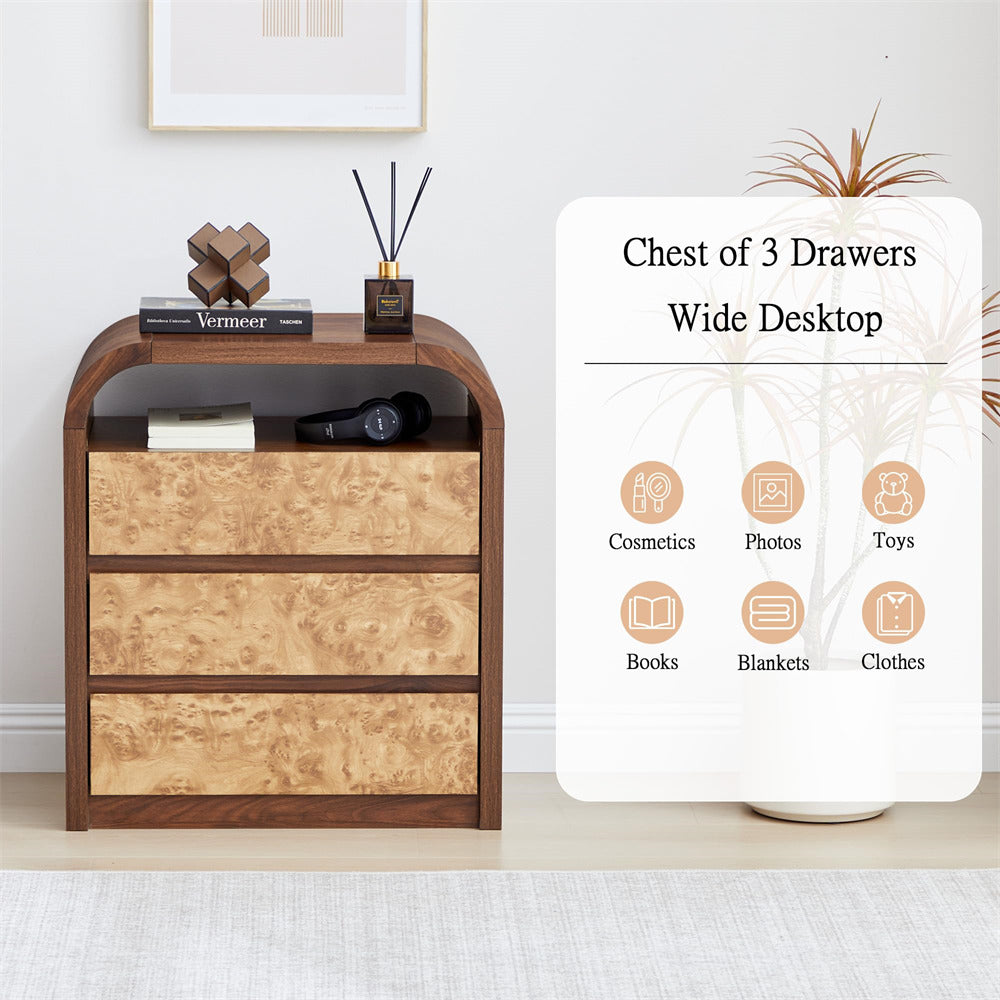 Walnut Modern Burl Wood 3 Drawer Dresser with Open Shelf