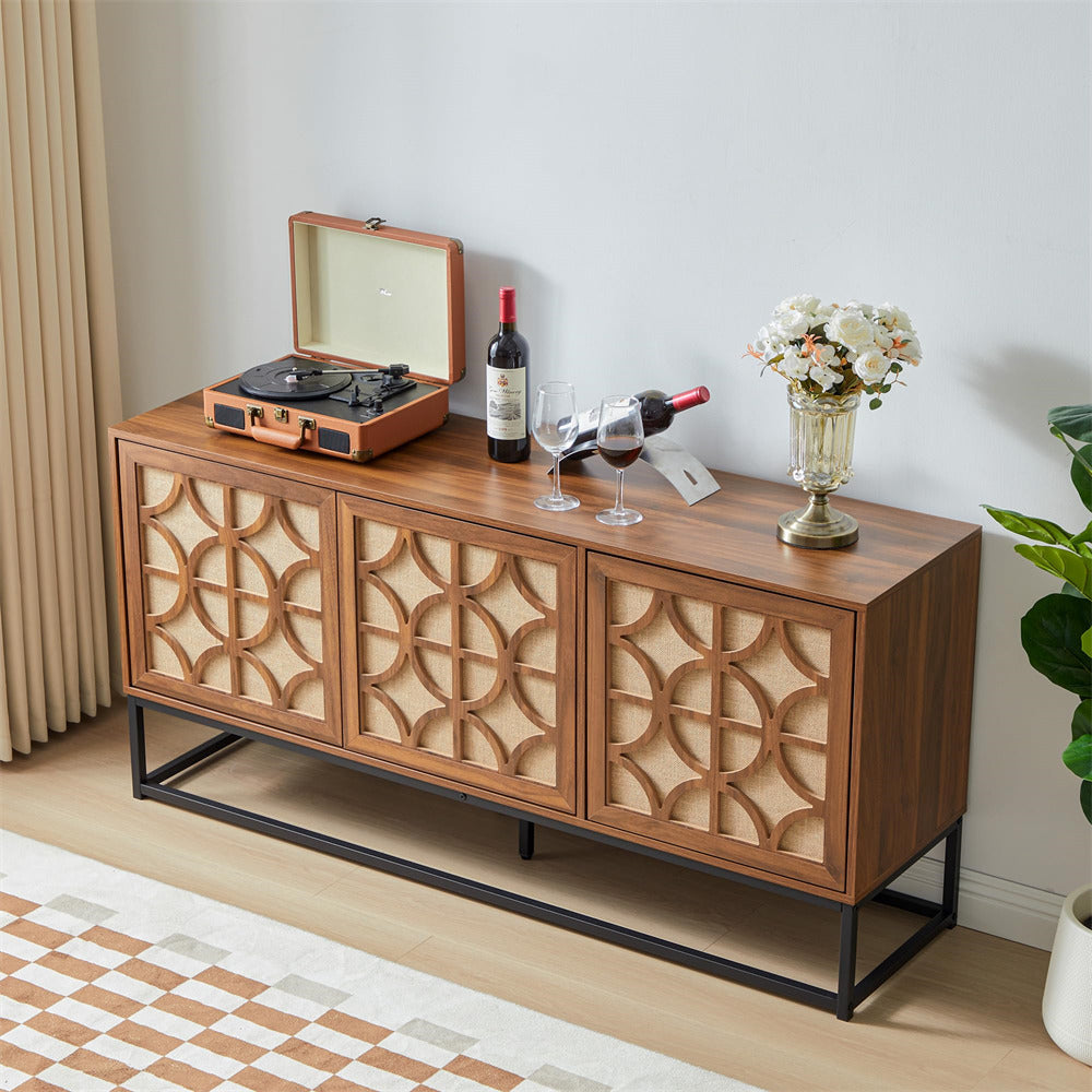 Walnut Modern Farmhouse Sideboard Buffet Storage Cabinet with 3 Flax Door and Adjustable Shelves