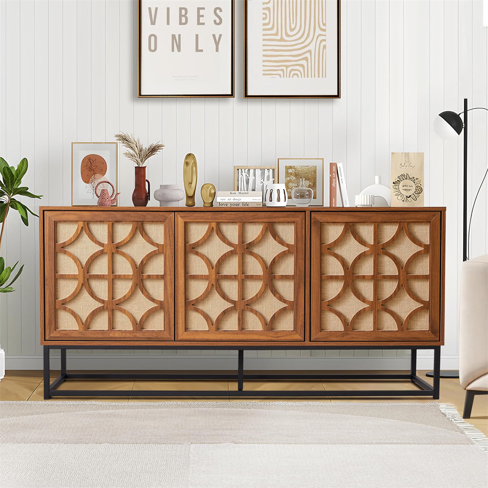 Walnut Modern Farmhouse Sideboard Buffet Storage Cabinet with 3 Flax Door and Adjustable Shelves